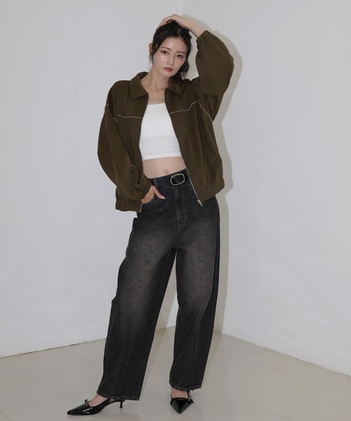 Mili affinity（ミリアフィニティー）の「ライン配色オーバーサイズジャージブルゾン（ブルゾン・レディース・ブラウン/カーキ・FREE）」の13枚目の写真