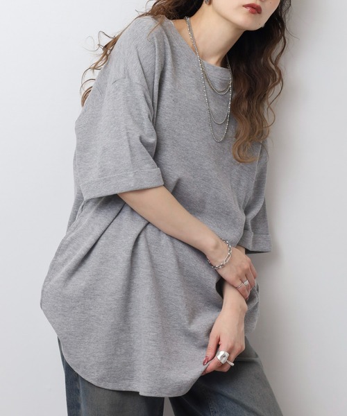 atONE(アットワン)の「コットンワッフルロールアップハーフスリーブカットソー(Tシャツ/カットソー・レディース・ネイビー/パープル/ホワイト/ブラック/杢グレー/チャコールグレー・LL~3L/4L~5L/M-L)」の4枚目の写真