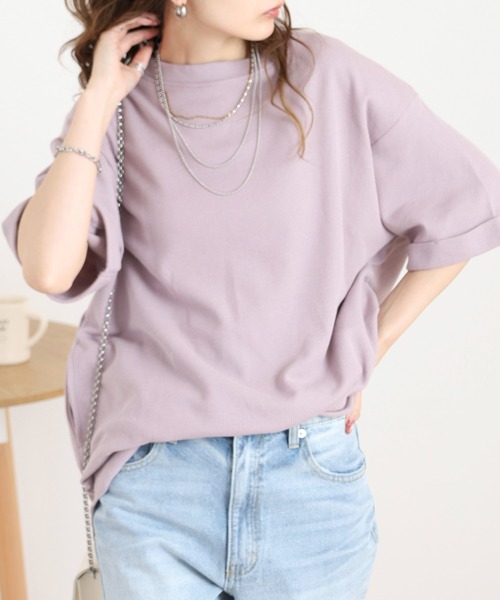 atONE(アットワン)の「コットンワッフルロールアップハーフスリーブカットソー(Tシャツ/カットソー・レディース・ネイビー/パープル/ホワイト/ブラック/杢グレー/チャコールグレー・LL~3L/4L~5L/M-L)」の6枚目の写真