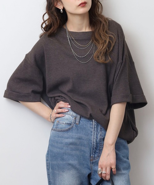 atONE(アットワン)の「コットンワッフルロールアップハーフスリーブカットソー(Tシャツ/カットソー・レディース・ネイビー/パープル/ホワイト/ブラック/杢グレー/チャコールグレー・LL~3L/4L~5L/M-L)」の3枚目の写真