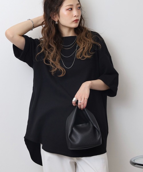 atONE(アットワン)の「コットンワッフルロールアップハーフスリーブカットソー(Tシャツ/カットソー・レディース・ネイビー/パープル/ホワイト/ブラック/杢グレー/チャコールグレー・LL~3L/4L~5L/M-L)」の1枚目の写真