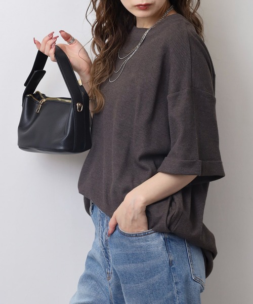 atONE(アットワン)の「コットンワッフルロールアップハーフスリーブカットソー(Tシャツ/カットソー・レディース・ネイビー/パープル/ホワイト/ブラック/杢グレー/チャコールグレー・LL~3L/4L~5L/M-L)」の11枚目の写真