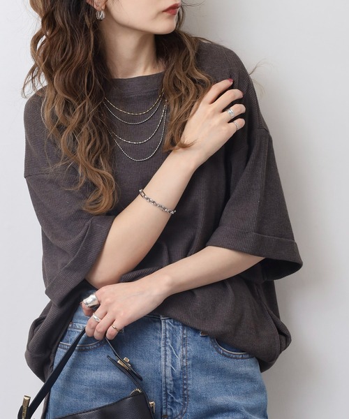 atONE(アットワン)の「コットンワッフルロールアップハーフスリーブカットソー(Tシャツ/カットソー・レディース・ネイビー/パープル/ホワイト/ブラック/杢グレー/チャコールグレー・LL~3L/4L~5L/M-L)」の8枚目の写真