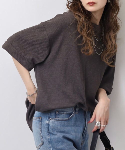 atONE(アットワン)の「コットンワッフルロールアップハーフスリーブカットソー(Tシャツ/カットソー・レディース・ネイビー/パープル/ホワイト/ブラック/杢グレー/チャコールグレー・LL~3L/4L~5L/M-L)」の9枚目の写真