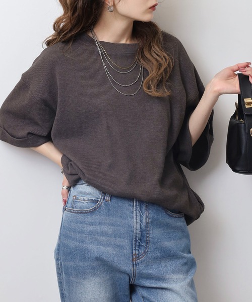 atONE(アットワン)の「コットンワッフルロールアップハーフスリーブカットソー(Tシャツ/カットソー・レディース・ネイビー/パープル/ホワイト/ブラック/杢グレー/チャコールグレー・LL~3L/4L~5L/M-L)」の10枚目の写真