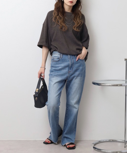 atONE(アットワン)の「コットンワッフルロールアップハーフスリーブカットソー(Tシャツ/カットソー・レディース・ネイビー/パープル/ホワイト/ブラック/杢グレー/チャコールグレー・LL~3L/4L~5L/M-L)」の13枚目の写真