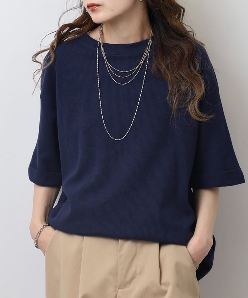 atONE(アットワン)の「コットンワッフルロールアップハーフスリーブカットソー(Tシャツ/カットソー・レディース・ネイビー/パープル/ホワイト/ブラック/杢グレー/チャコールグレー・LL~3L/4L~5L/M-L)」の21枚目の写真