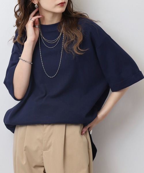 atONE(アットワン)の「コットンワッフルロールアップハーフスリーブカットソー(Tシャツ/カットソー・レディース・ネイビー/パープル/ホワイト/ブラック/杢グレー/チャコールグレー・LL~3L/4L~5L/M-L)」の22枚目の写真