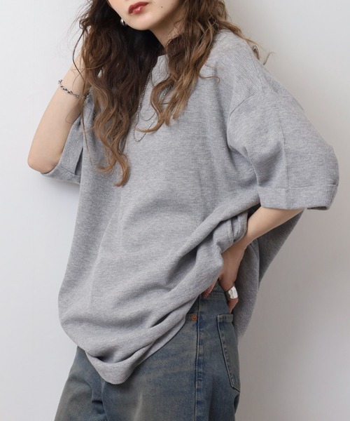 atONE(アットワン)の「コットンワッフルロールアップハーフスリーブカットソー(Tシャツ/カットソー・レディース・ネイビー/パープル/ホワイト/ブラック/杢グレー/チャコールグレー・LL~3L/4L~5L/M-L)」の15枚目の写真
