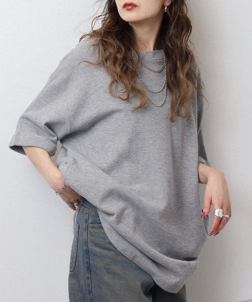 atONE(アットワン)の「コットンワッフルロールアップハーフスリーブカットソー(Tシャツ/カットソー・レディース・ネイビー/パープル/ホワイト/ブラック/杢グレー/チャコールグレー・LL~3L/4L~5L/M-L)」の16枚目の写真