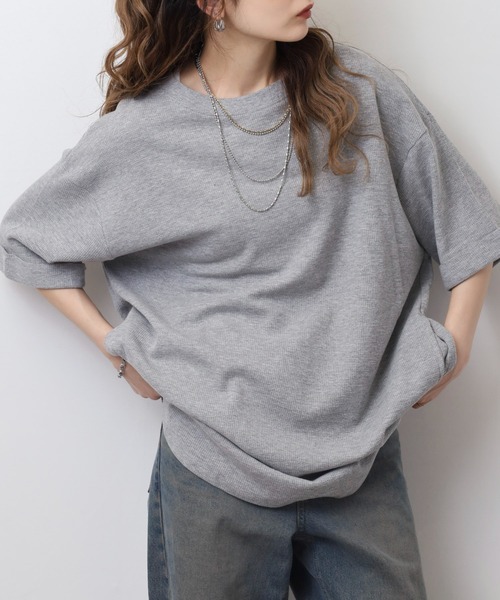atONE(アットワン)の「コットンワッフルロールアップハーフスリーブカットソー(Tシャツ/カットソー・レディース・ネイビー/パープル/ホワイト/ブラック/杢グレー/チャコールグレー・LL~3L/4L~5L/M-L)」の17枚目の写真