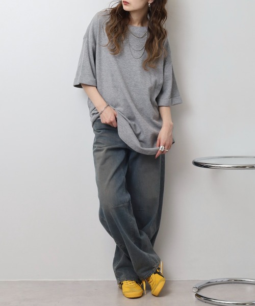 atONE(アットワン)の「コットンワッフルロールアップハーフスリーブカットソー(Tシャツ/カットソー・レディース・ネイビー/パープル/ホワイト/ブラック/杢グレー/チャコールグレー・LL~3L/4L~5L/M-L)」の19枚目の写真