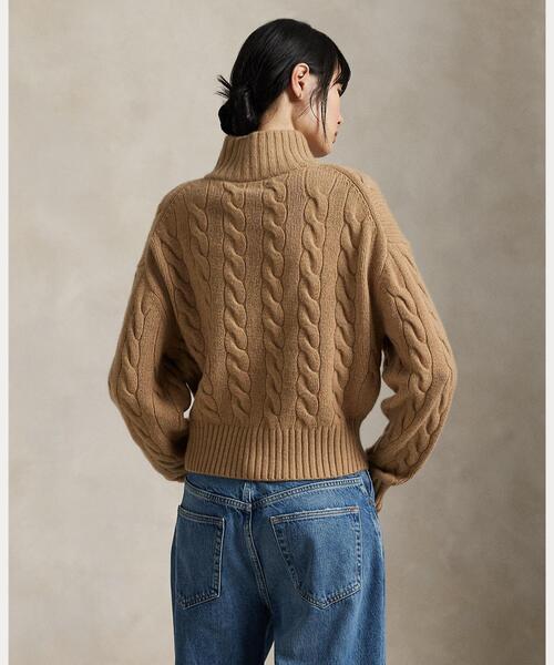 ローレン ラルフローレン ケーブルニット セーター　ジップアップ　L キャメル ケーブル ウールカシミヤ ハーフジップ セーター（ニット