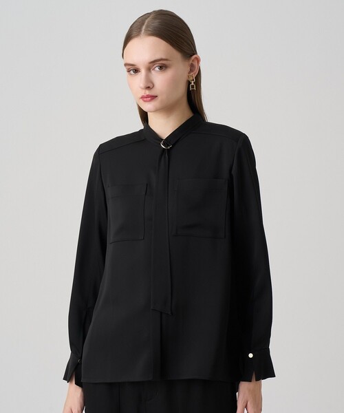 セール】【セットアップ対応商品】ストレッチサテンタイ付き ブラウス