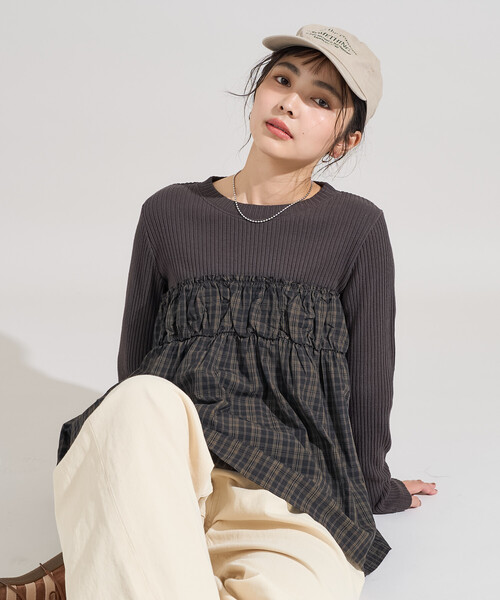 FREAK'S STORE(フリークスストア)の「アーミーリブ チェック ドッキングロンT/チェック切替ロンT/異素材ドッキング(Tシャツ/カットソー・レディース・ブラウン/チャコールグレー/オフホワイト・フリ-)」の3枚目の写真