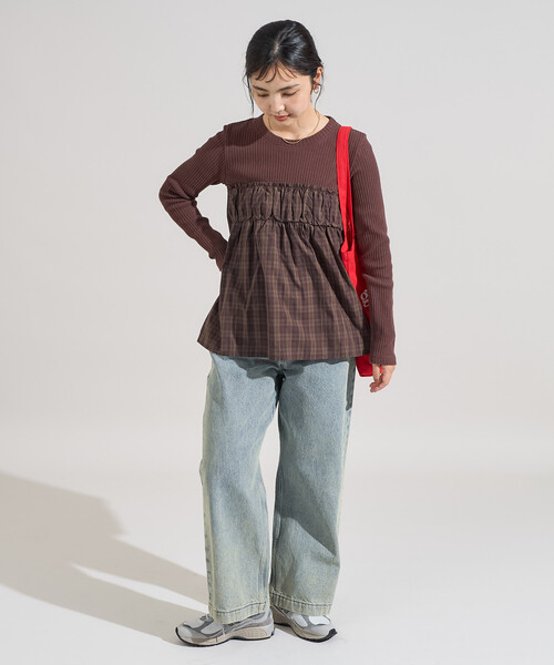 FREAK'S STORE(フリークスストア)の「アーミーリブ チェック ドッキングロンT/チェック切替ロンT/異素材ドッキング(Tシャツ/カットソー・レディース・ブラウン/チャコールグレー/オフホワイト・フリ-)」の9枚目の写真