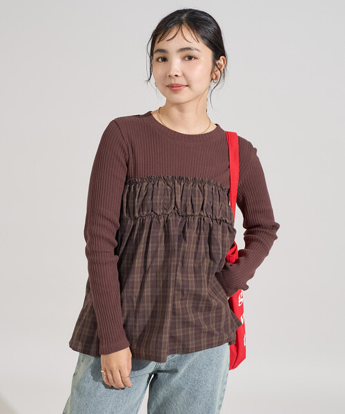 FREAK'S STORE(フリークスストア)の「アーミーリブ チェック ドッキングロンT/チェック切替ロンT/異素材ドッキング(Tシャツ/カットソー・レディース・ブラウン/チャコールグレー/オフホワイト・フリ-)」の12枚目の写真