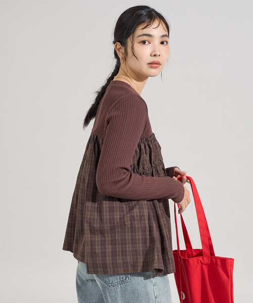 FREAK'S STORE(フリークスストア)の「アーミーリブ チェック ドッキングロンT/チェック切替ロンT/異素材ドッキング(Tシャツ/カットソー・レディース・ブラウン/チャコールグレー/オフホワイト・フリ-)」の13枚目の写真