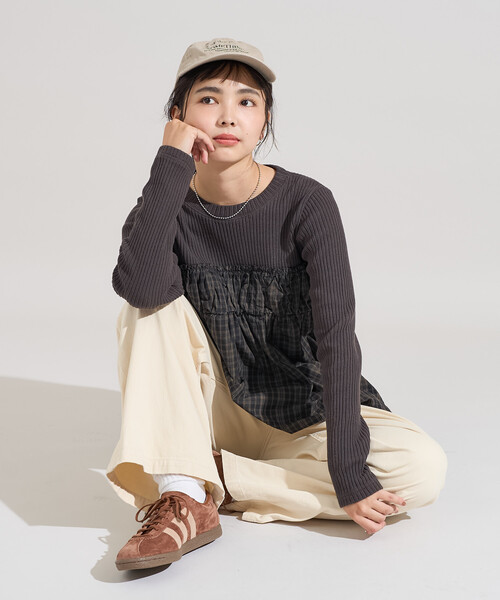 FREAK'S STORE(フリークスストア)の「アーミーリブ チェック ドッキングロンT/チェック切替ロンT/異素材ドッキング(Tシャツ/カットソー・レディース・ブラウン/チャコールグレー/オフホワイト・フリ-)」の16枚目の写真