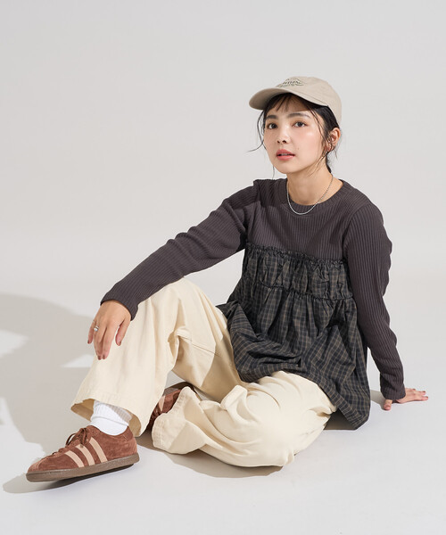 FREAK'S STORE(フリークスストア)の「アーミーリブ チェック ドッキングロンT/チェック切替ロンT/異素材ドッキング(Tシャツ/カットソー・レディース・ブラウン/チャコールグレー/オフホワイト・フリ-)」の17枚目の写真