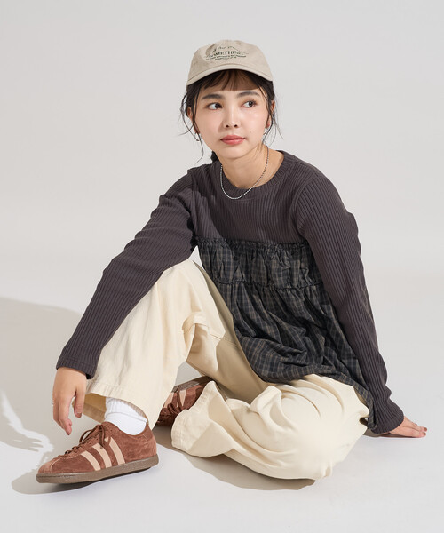 FREAK'S STORE(フリークスストア)の「アーミーリブ チェック ドッキングロンT/チェック切替ロンT/異素材ドッキング(Tシャツ/カットソー・レディース・ブラウン/チャコールグレー/オフホワイト・フリ-)」の18枚目の写真