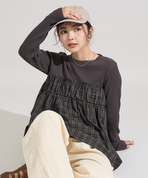 FREAK'S STORE(フリークスストア)の「アーミーリブ チェック ドッキングロンT/チェック切替ロンT/異素材ドッキング(Tシャツ/カットソー・レディース・ブラウン/チャコールグレー/オフホワイト・フリ-)」の19枚目の写真
