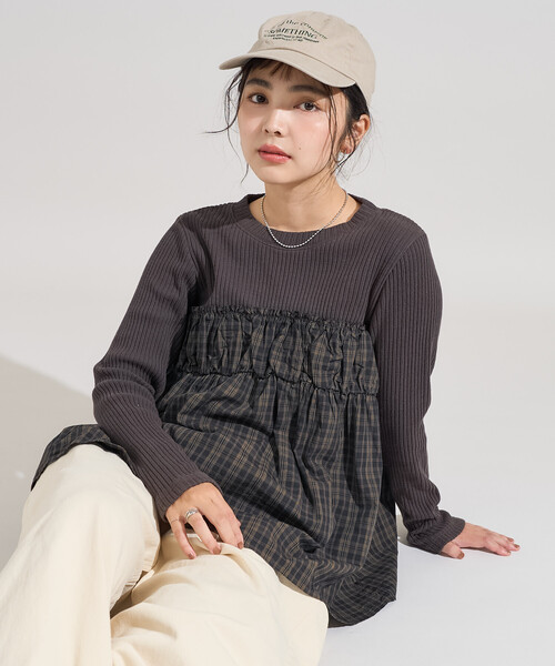 FREAK'S STORE(フリークスストア)の「アーミーリブ チェック ドッキングロンT/チェック切替ロンT/異素材ドッキング(Tシャツ/カットソー・レディース・ブラウン/チャコールグレー/オフホワイト・フリ-)」の20枚目の写真