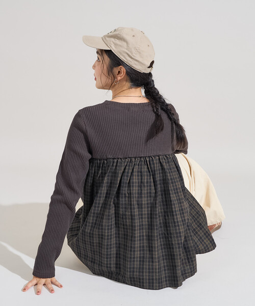 FREAK'S STORE(フリークスストア)の「アーミーリブ チェック ドッキングロンT/チェック切替ロンT/異素材ドッキング(Tシャツ/カットソー・レディース・ブラウン/チャコールグレー/オフホワイト・フリ-)」の21枚目の写真