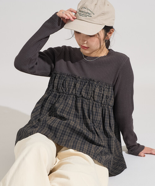 FREAK'S STORE(フリークスストア)の「アーミーリブ チェック ドッキングロンT/チェック切替ロンT/異素材ドッキング(Tシャツ/カットソー・レディース・ブラウン/チャコールグレー/オフホワイト・フリ-)」の22枚目の写真