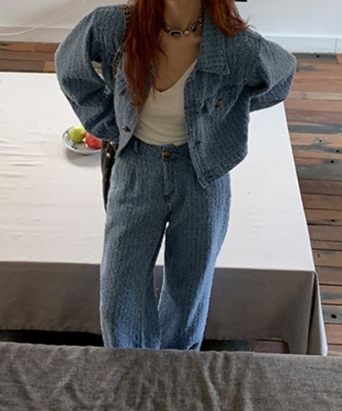 セール】フリンジ加工デニムショートジャケットセットアップ