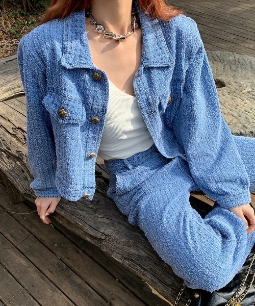 セール】フリンジ加工デニムショートジャケットセットアップ