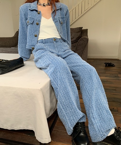 セール】フリンジ加工デニムショートジャケットセットアップ