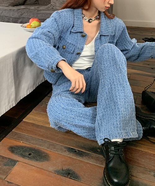 セール】フリンジ加工デニムショートジャケットセットアップ