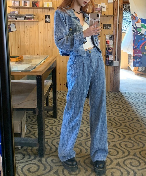 セール】フリンジ加工デニムショートジャケットセットアップ