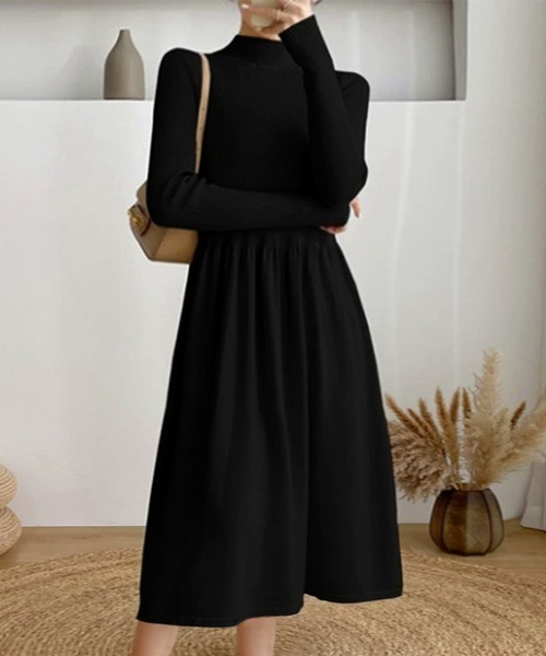 【Mino様】2点　LOUNGEDRESS ニットワンピース　黒　ハイネック タートルネックミニ丈ニットワンピース [品番：BA000005328