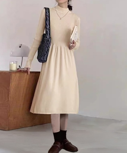 セール】ミドル丈ニットワンピースハイネックワンピ（ワンピース