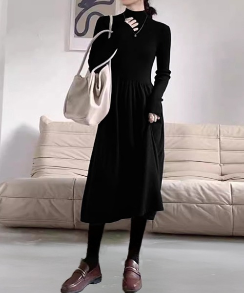 Yokang ミドル丈ワンピース セール】ミドル丈ニットワンピースハイネックワンピ（ワンピース