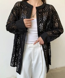 幾何×フラワー柄前開きレイヤードカーディガン