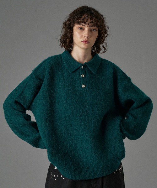 ONCILY（オンシェリー）の「SILVER BUTTON SHAGGY KNIT POLO /  シルバーボタンシャギーニットポロ（ニット/セーター・メンズ・アイボリー/ブラック/グレー系その他/カーキ/ブラック系その他/ブルー/オレンジ系その他/グリーン系その他/ネイビー/ブルー系その他/チャコールグレー/レッド/オリーブ/ブラウン・SMALL/MEDIUM/LARGE）」の9枚目の写真