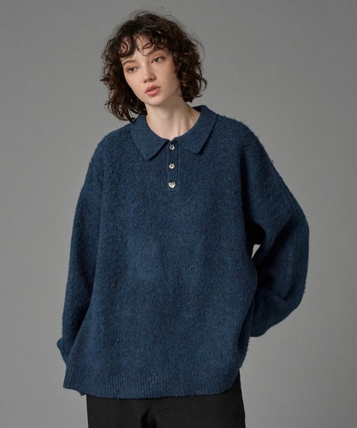 ONCILY（オンシェリー）の「SILVER BUTTON SHAGGY KNIT POLO /  シルバーボタンシャギーニットポロ（ニット/セーター・メンズ・アイボリー/ブラック/グレー系その他/カーキ/ブラック系その他/ブルー/オレンジ系その他/グリーン系その他/ネイビー/ブルー系その他/チャコールグレー/レッド/オリーブ/ブラウン・SMALL/MEDIUM/LARGE）」の12枚目の写真