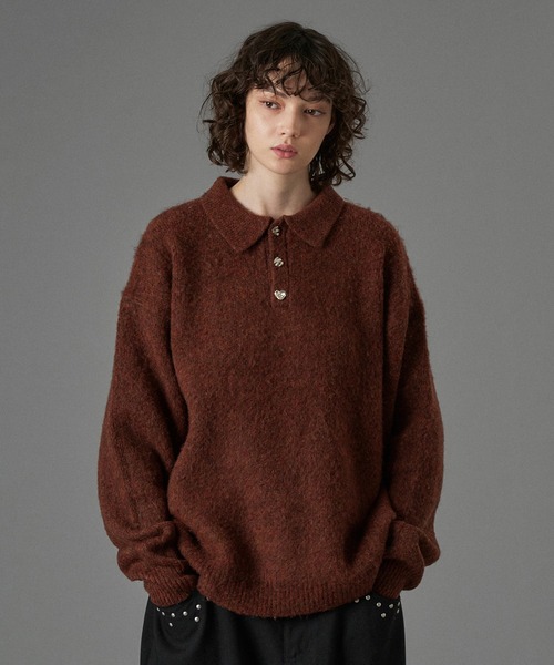 ONCILY（オンシェリー）の「SILVER BUTTON SHAGGY KNIT POLO /  シルバーボタンシャギーニットポロ（ニット/セーター・メンズ・アイボリー/ブラック/グレー系その他/カーキ/ブラック系その他/ブルー/オレンジ系その他/グリーン系その他/ネイビー/ブルー系その他/チャコールグレー/レッド/オリーブ/ブラウン・SMALL/MEDIUM/LARGE）」の14枚目の写真