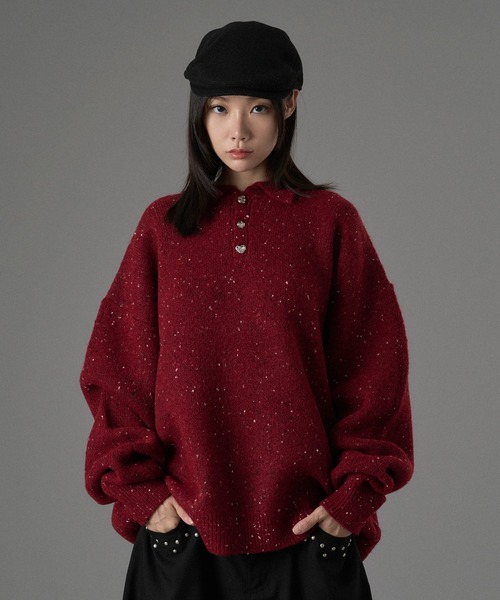 POLO ワインレッド 襟付きニット M ZOZOTOWN完売色商品 SILVER BUTTON SHAGGY KNIT POLO / シルバーボタンシャギーニットポロ