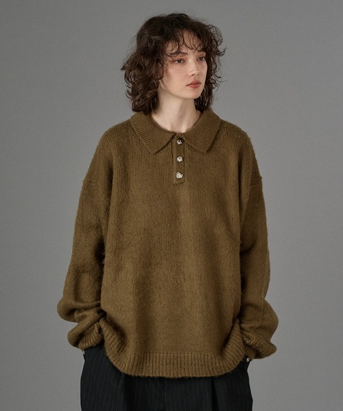 ONCILY（オンシェリー）の「SILVER BUTTON SHAGGY KNIT POLO /  シルバーボタンシャギーニットポロ（ニット/セーター・メンズ・アイボリー/ブラック/グレー系その他/カーキ/ブラック系その他/ブルー/オレンジ系その他/グリーン系その他/ネイビー/ブルー系その他/チャコールグレー/レッド/オリーブ/ブラウン・SMALL/MEDIUM/LARGE）」の8枚目の写真