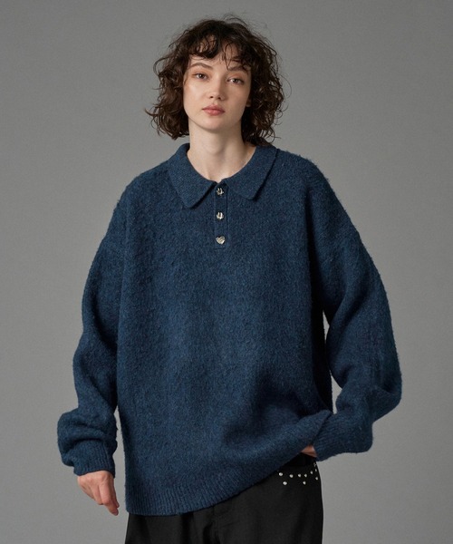 SILVER BUTTON SHAGGY KNIT POLO / シルバーボタンシャギーニットポロ