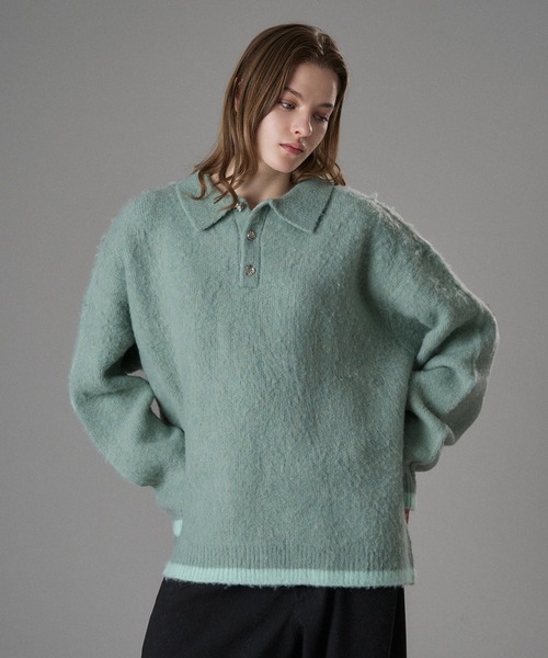 【たまごん 【プロフ必読】】Sovereign ニットポロ セール】SILVER BUTTON SHAGGY KNIT POLO / シルバーボタンシャギー