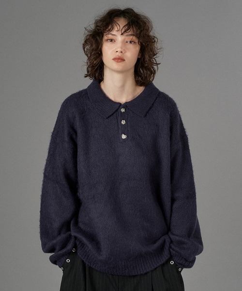 セール】SILVER BUTTON SHAGGY KNIT POLO / シルバーボタンシャギー
