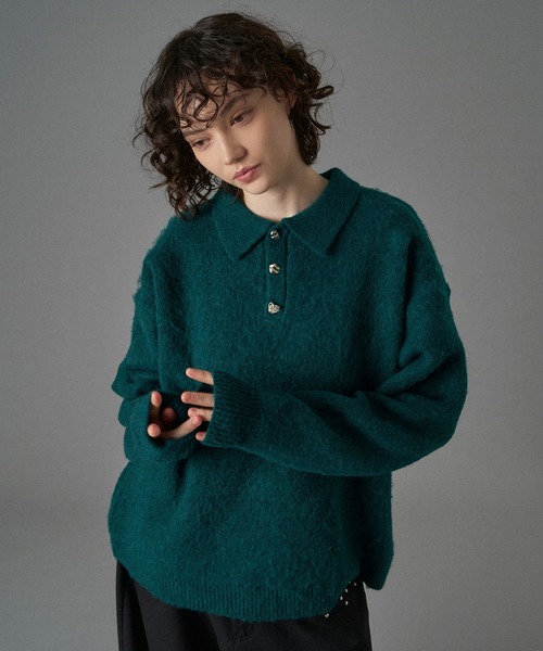 ONCILY（オンシェリー）の「SILVER BUTTON SHAGGY KNIT POLO /  シルバーボタンシャギーニットポロ（ニット/セーター・メンズ・アイボリー/ブラック/グレー系その他/カーキ/ブラック系その他/ブルー/オレンジ系その他/グリーン系その他/ネイビー/ブルー系その他/チャコールグレー/レッド/オリーブ/ブラウン・SMALL/MEDIUM/LARGE）」の15枚目の写真