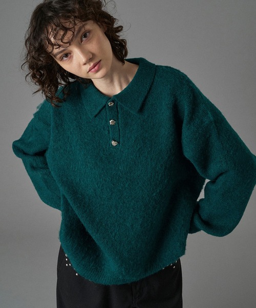 ONCILY（オンシェリー）の「SILVER BUTTON SHAGGY KNIT POLO /  シルバーボタンシャギーニットポロ（ニット/セーター・メンズ・アイボリー/ブラック/グレー系その他/カーキ/ブラック系その他/ブルー/オレンジ系その他/グリーン系その他/ネイビー/ブルー系その他/チャコールグレー/レッド/オリーブ/ブラウン・SMALL/MEDIUM/LARGE）」の19枚目の写真