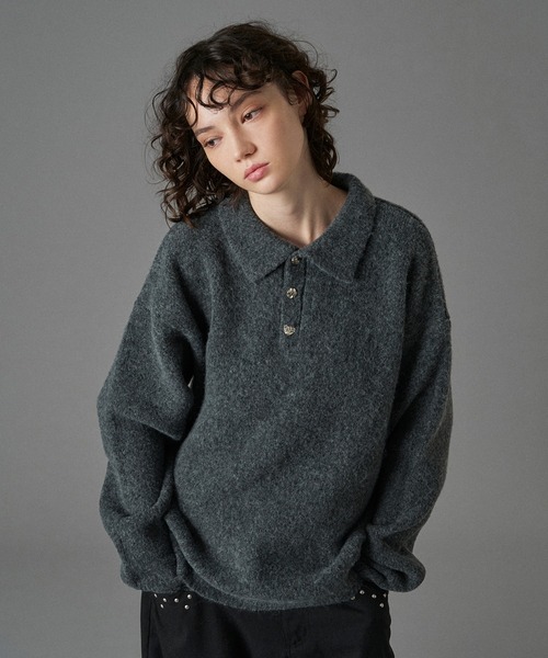 セール】SILVER BUTTON SHAGGY KNIT POLO / シルバーボタンシャギー