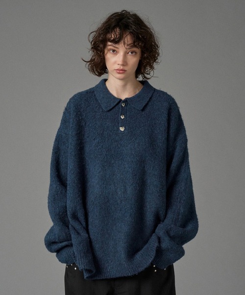 セール】SILVER BUTTON SHAGGY KNIT POLO / シルバーボタンシャギー